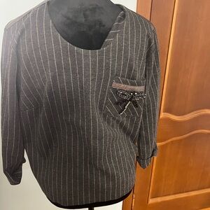 Striped Black and Gray Top with Pocket Detail